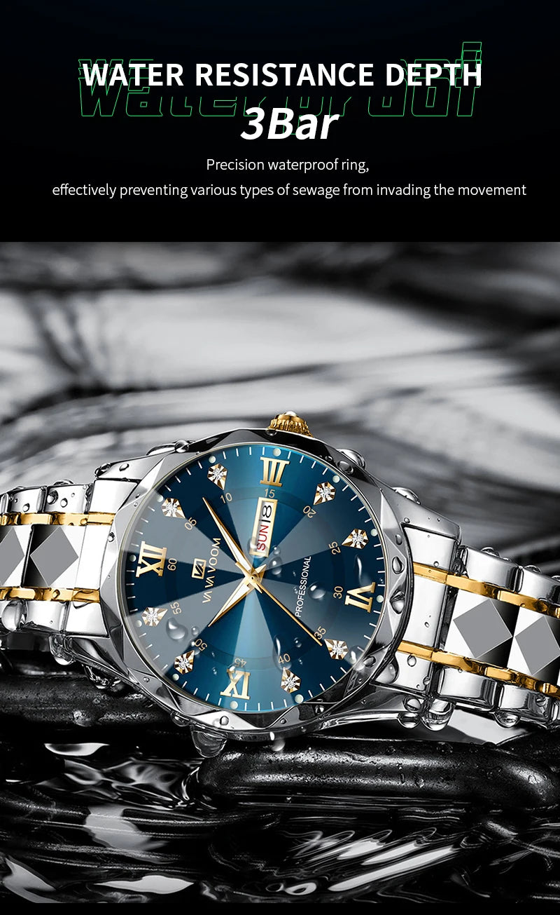 Men Watch Water Diamond Luxury Night Glow Double Calendar Quartz Movement 41mm Blue Gold Stainless Steel Fashion Business Watch - https://mohammadcollection.com