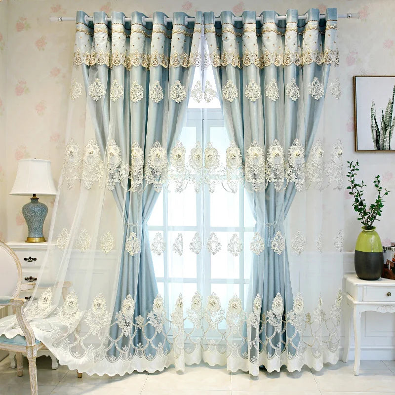 Elegant Double-Layer Curtains with Embossed Base &amp; 3D Embroidered Detailing Decorative Blackout Drapes for Bedroom/Living Room - https://mohammadcollection.com
