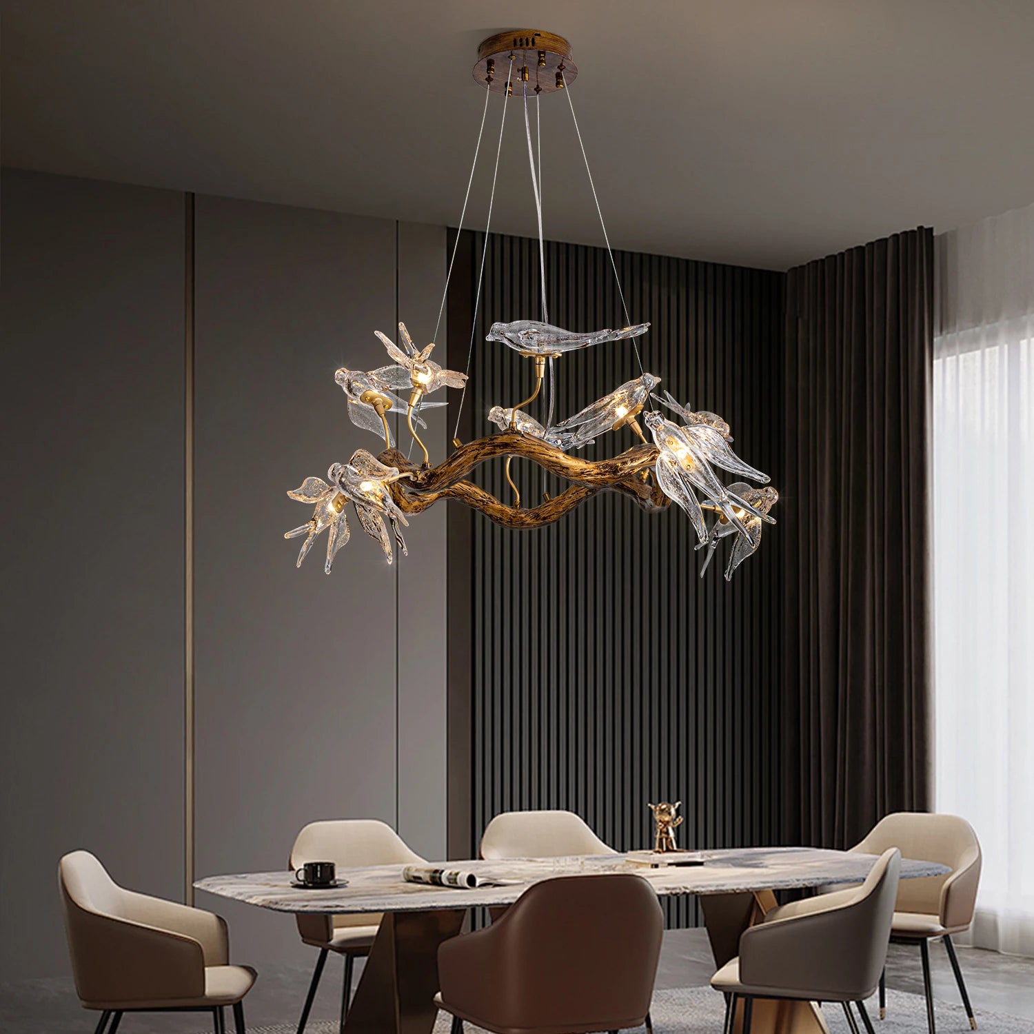 Vintage round bird chandelier with swallow design by MC THE BLACK DIAMOND, featuring intricate metalwork and classic lighting fixture style.
