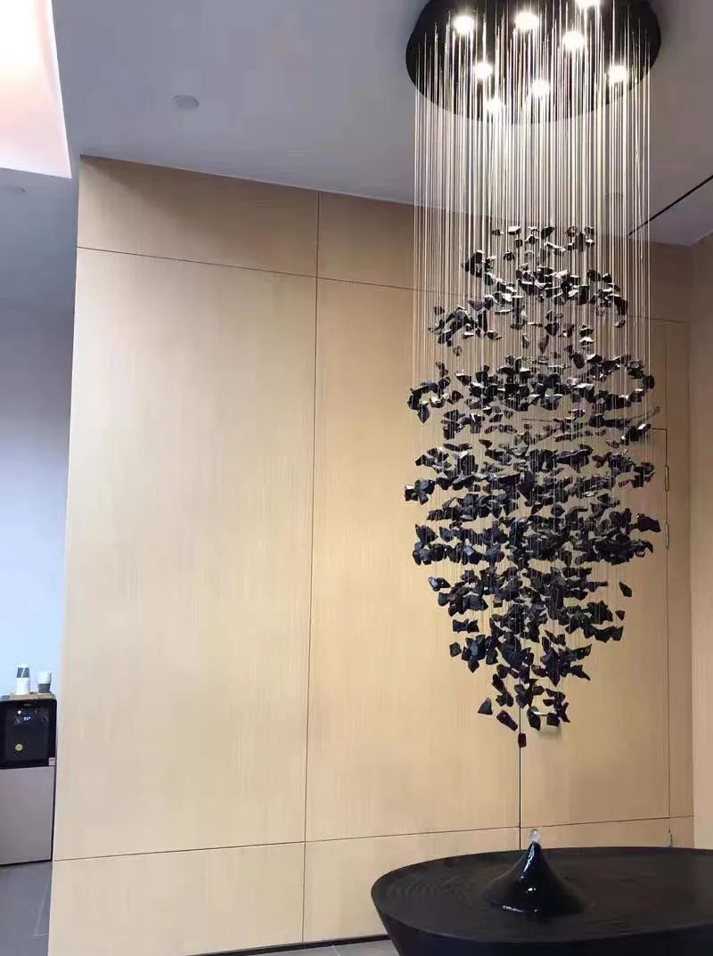 Black Art Luxury Stone Crystal Chandelier by MC THE BLACK DIAMOND, modern LED hanging lamp with crystal accents for staircase and hallway.