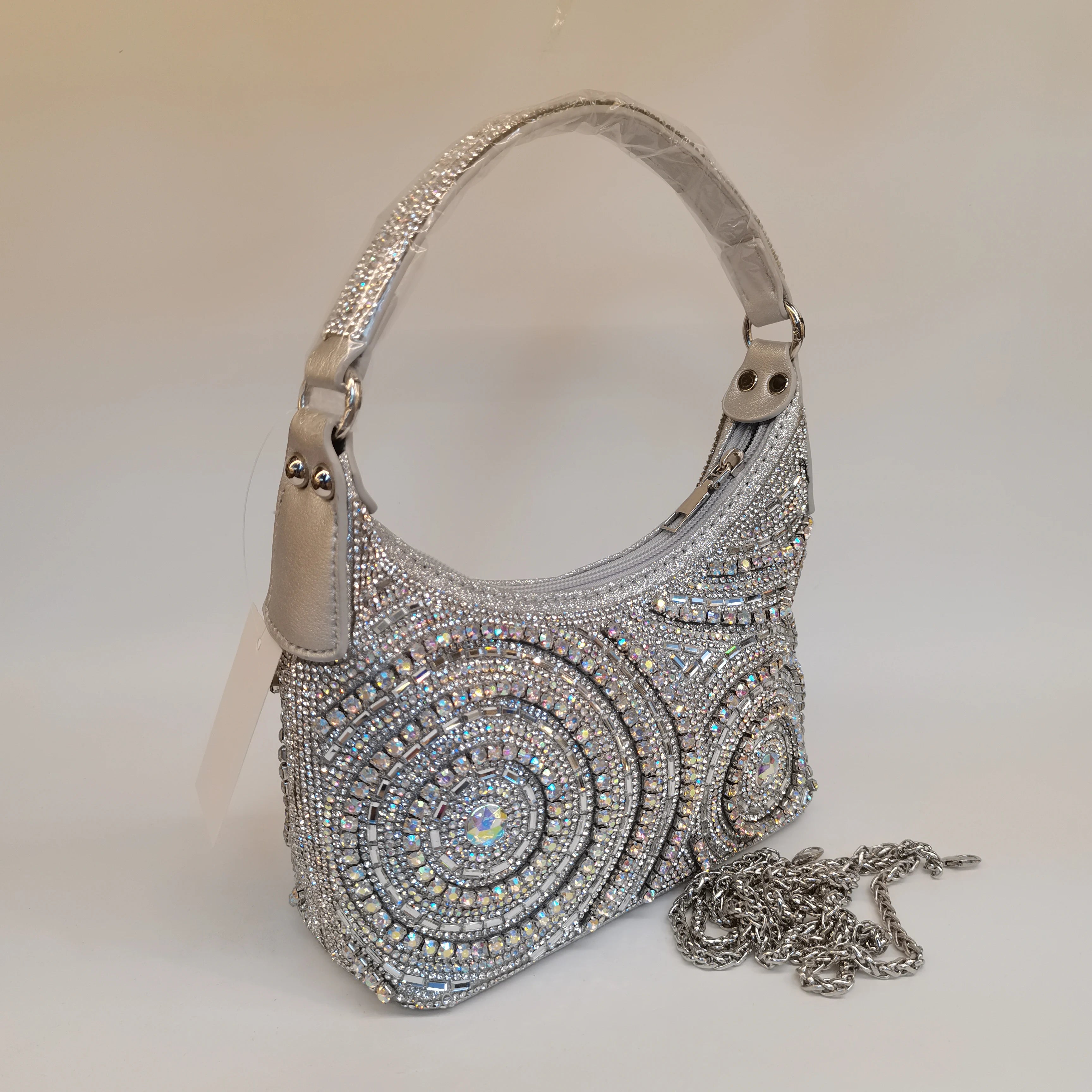 MC THE BLACK DIAMOND women's rhinestone evening handbag with chain, stylish clutch, embellished long chain, casual bag for women