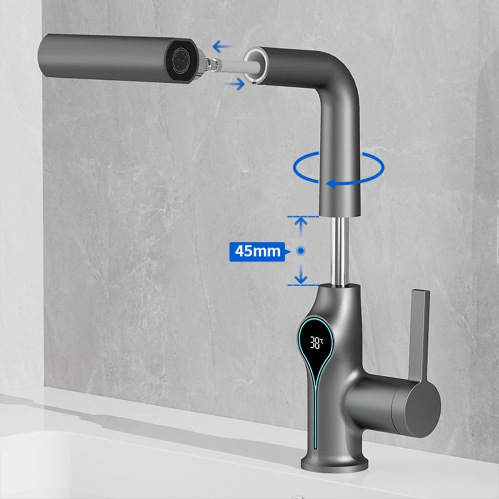 Waterfall temperature digital display basin faucet with lift-up stream sprayer, hot and cold water, for bathroom sinks by 𝕄𝕮 𝕋𝕙𝕖 𝔹𝕝𝕒𝕔𝕜 𝔻