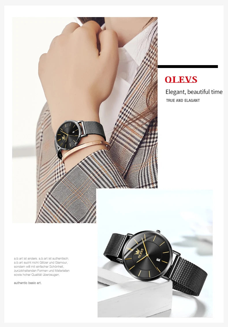Olevs minimalist women's watch with leather strap, waterproof quartz movement, and calendar display, featuring a sleek, versatile design.