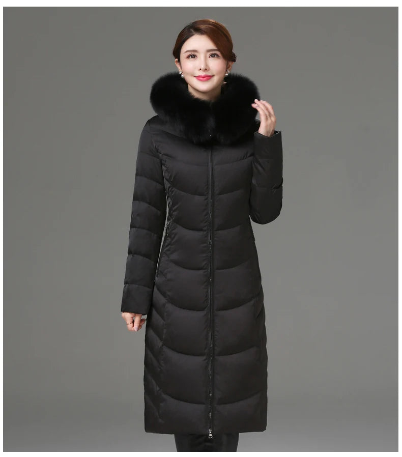 Shengyu Boya women's knee-length down jacket with large fur collar, slim fit, thickened outwear for middle-aged and elderly women.