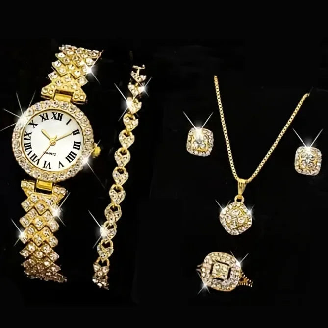 Casual ladies quartz wristwatch bracelet set with six jewelry pieces, featuring stylish designs from Mohamamd Collection.