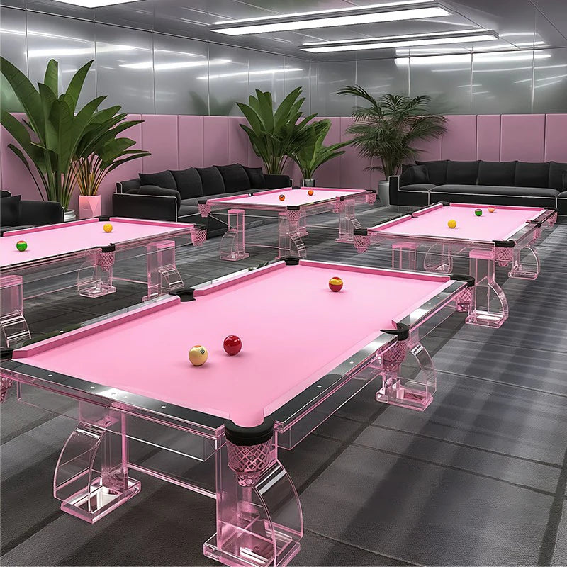 Pink acrylic luxury billiard table by MC THE BLACK DIAMOND, designed for stylish home entertainment and billiards play.