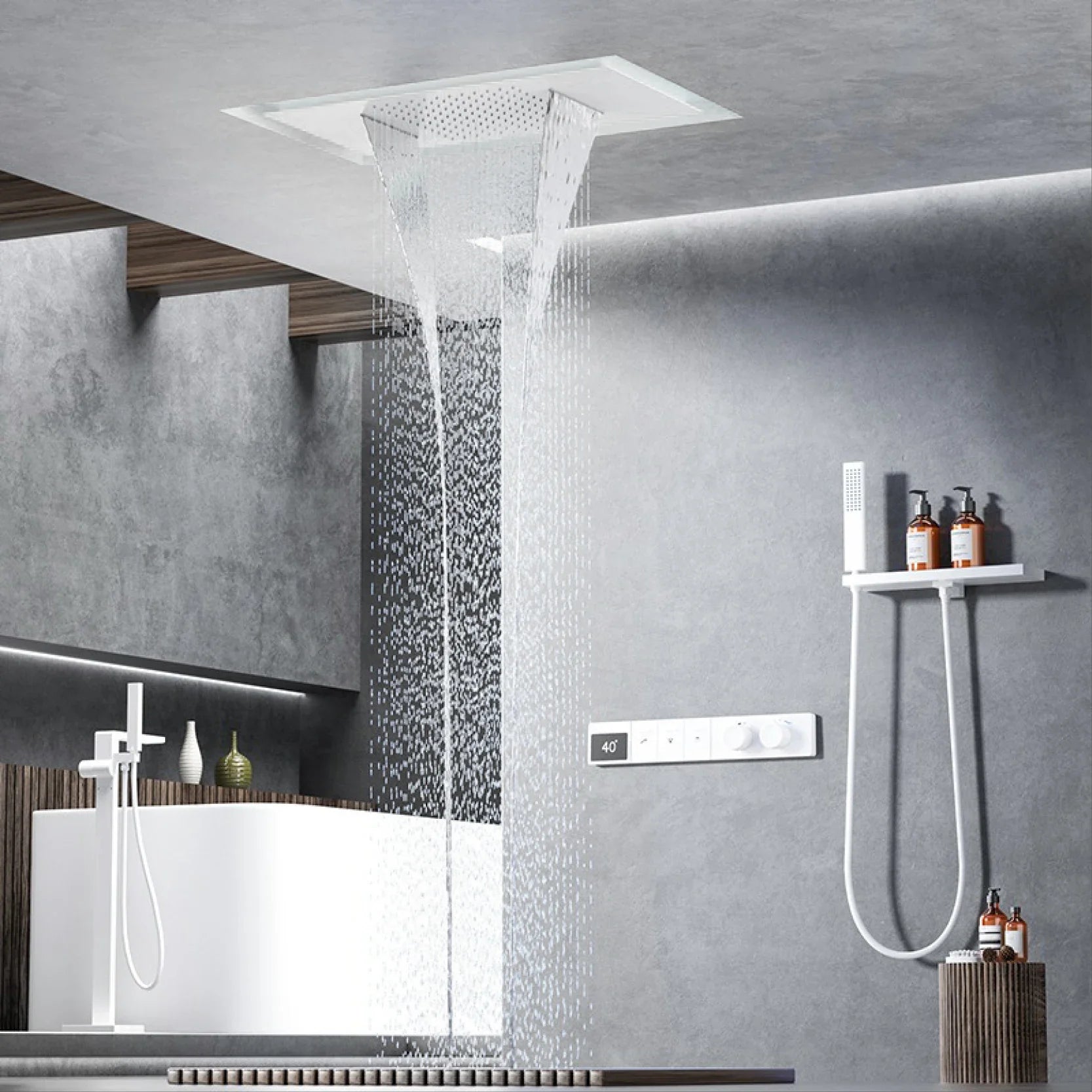 Luxury brass gun gray bath ceiling shower system with LED digital display for hot and cold water from 𝕄𝕔 𝕋𝕙𝕖 𝔹𝕝𝕒𝕔𝕜 𝔻𝕚�