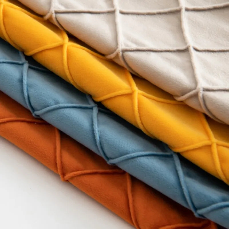Yellow and orange velvet lumbar pillow covers with diamond stripes, pompom tassels, suitable for 30x50cm or 45x45cm cushions.
