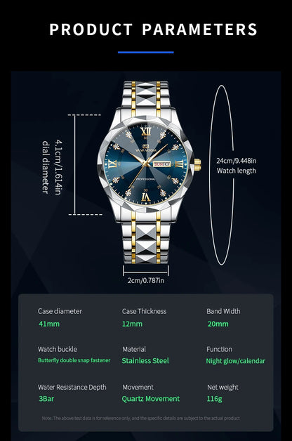 Men Watch Water Diamond Luxury Night Glow Double Calendar Quartz Movement 41mm Blue Gold Stainless Steel Fashion Business Watch - https://mohammadcollection.com