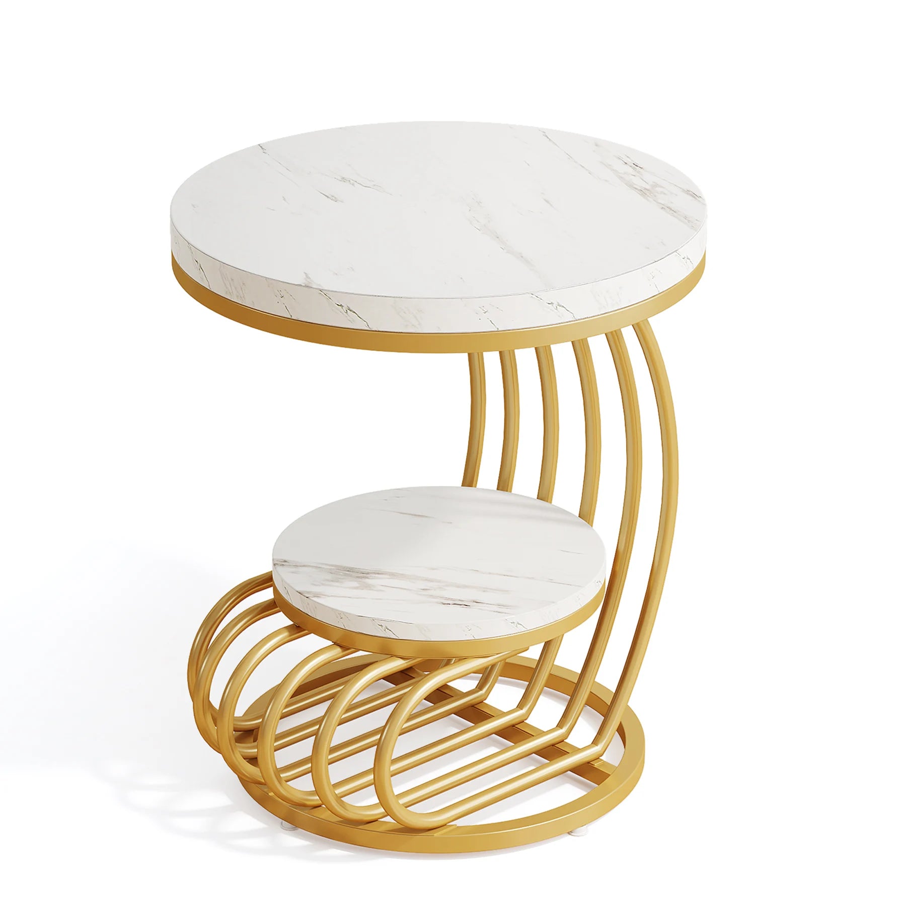 Modern white gold end table by MC THE BLACK DIAMOND with two-tier faux marble surface and storage shelf, stylish bedside nightstand.