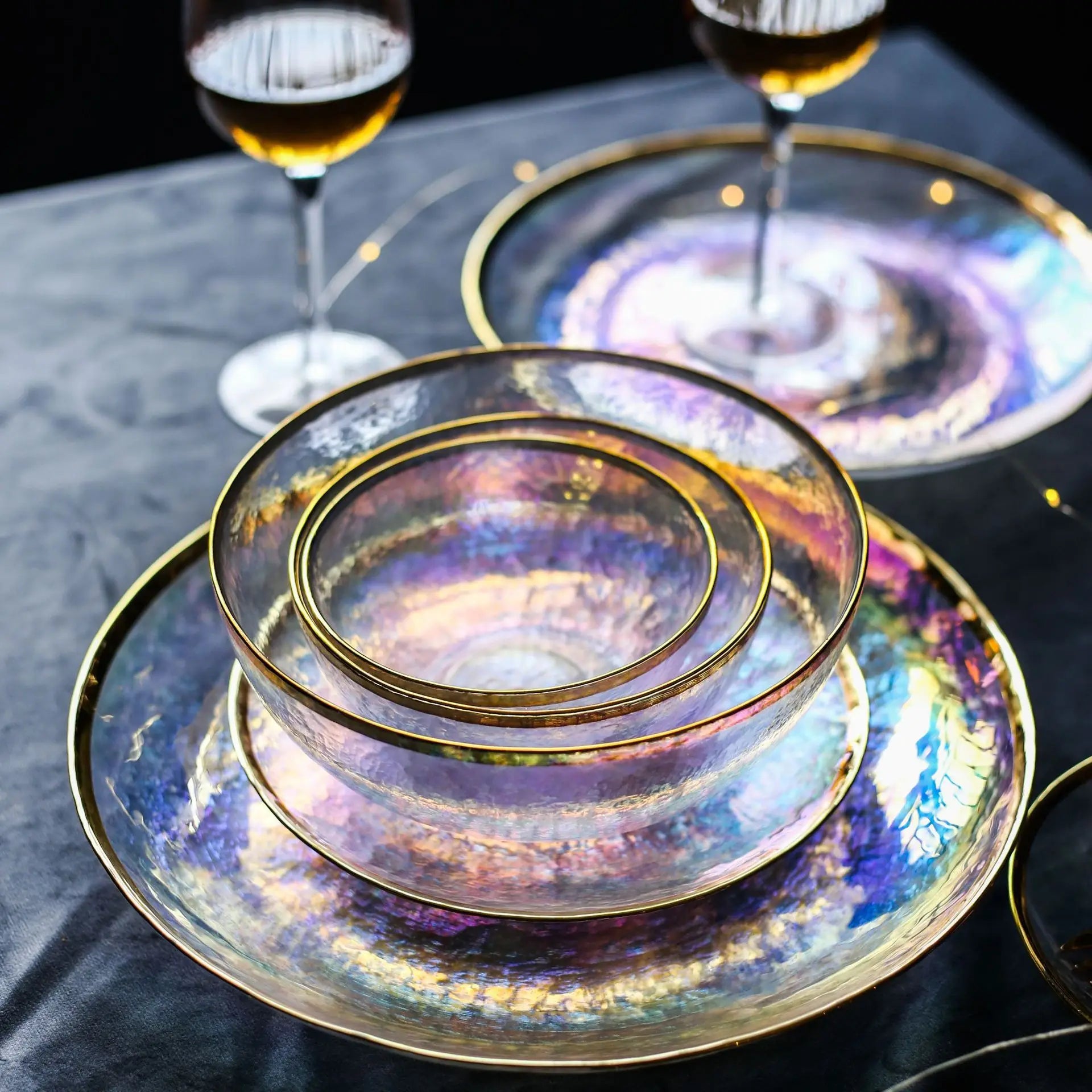 Rainbow glass dinner plates and salad bowls with gilt rims from 𝕄𝕔 𝕋𝕙𝕖 𝔹𝕝𝕒𝕔𝕜 𝔻𝕚𝕒𝕞𝕠