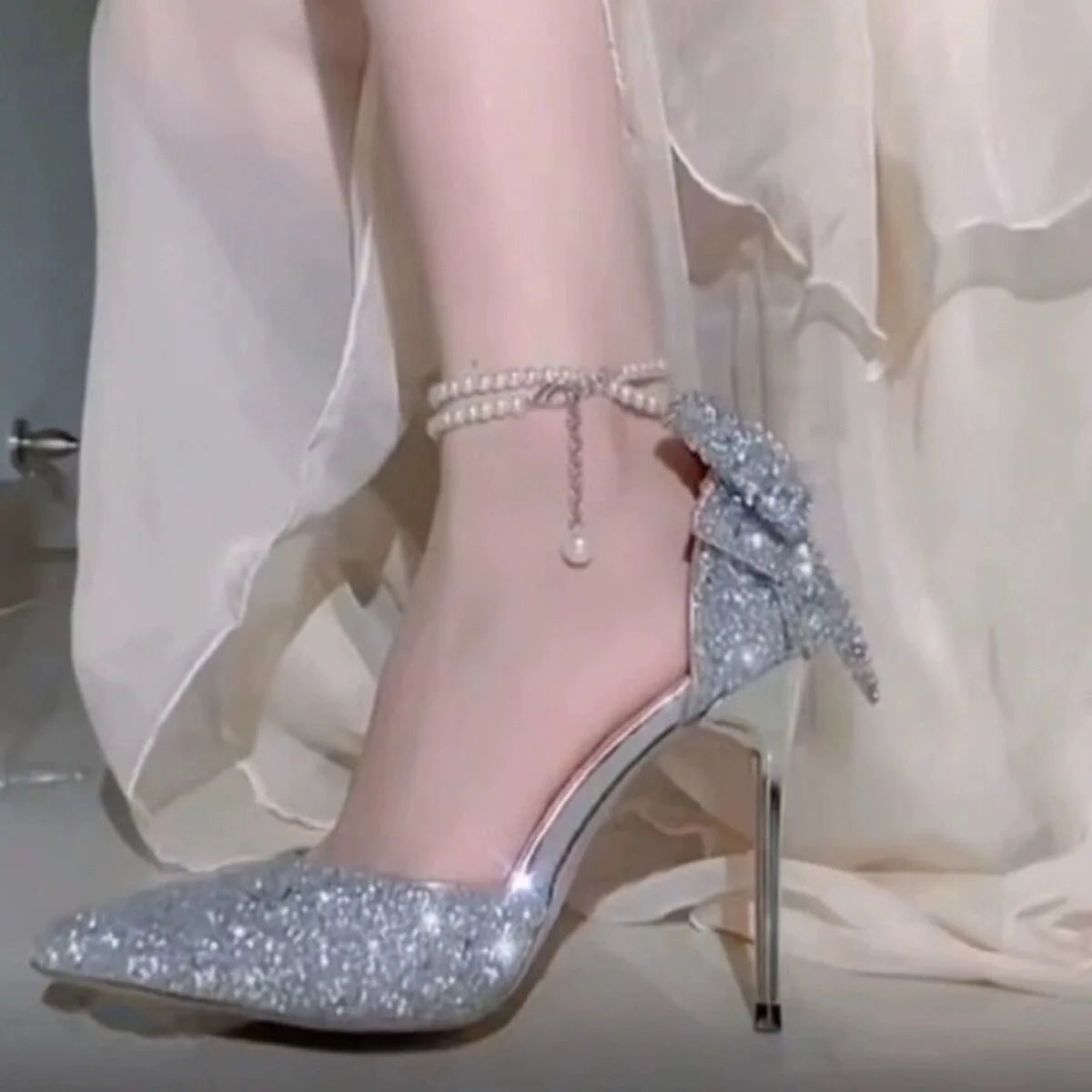 Beige crystal heels for ladies featuring bling bling embellishments, stylish high-heeled shoes from Mohammad Collection