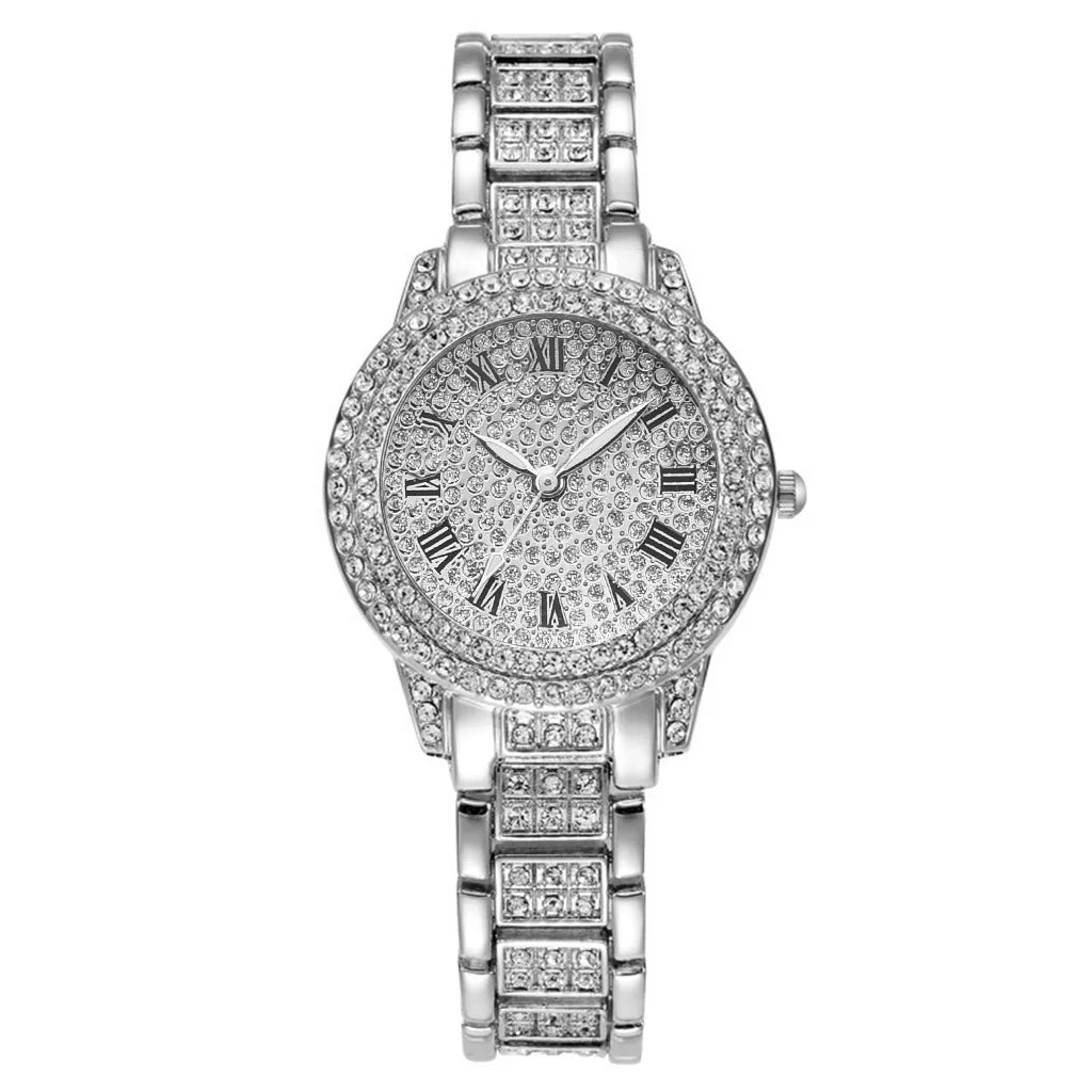 Casual ladies quartz wrist watch bracelet set with six jewelry pieces from Mohamnad Collection, featuring stylish designs and silver tones.