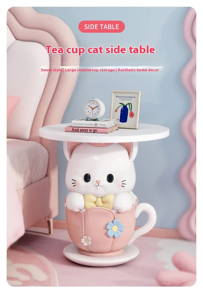 Kawaii Room Decor Coffee Table Sofa Side Table Girl Bedroom Nightstand Cartoon Cat Floor Decoration Cream Living Room Furniture - https://mohammadcollection.com