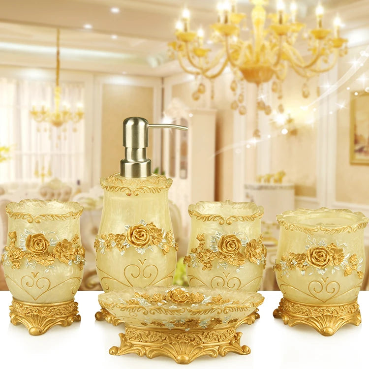 European resin bathroom set including soap dispenser, toothbrush holder, cup, soap dish, toilet brush, and wastebin in home decor style