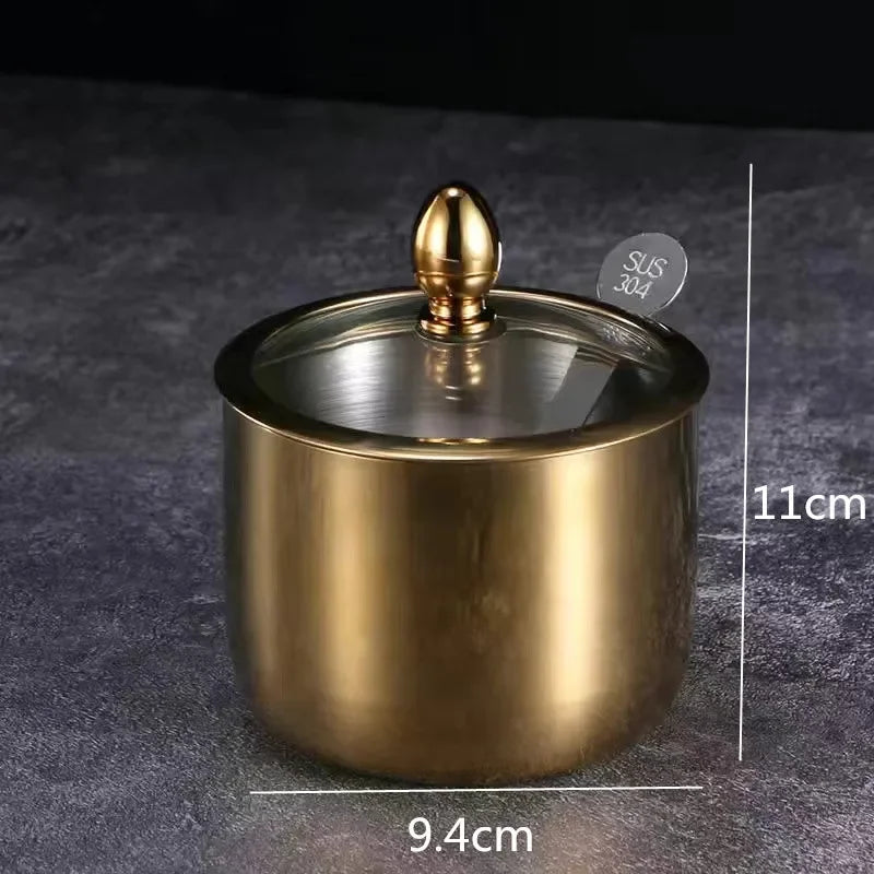 Gold MC THE BLACK DIAMOND 304 seasoning box with glass cap, spoon, and salt storage jar for sauces and spices in the kitchen.