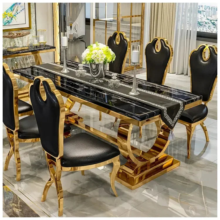 Royal Nordic Light luxury dining table with marble top, silver stainless steel legs, seats 4 to 8, modern home decor by 𝕄𝕔 𝕋𝕙𝕖 𝔹𝕝𝕒𝕔𝕜