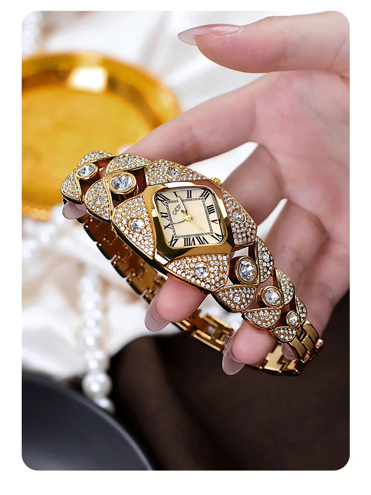 Women’s luxury bracelet watch by MC The Black Diamond with diamond inlaid details and elegant design, showcasing a stylish jewelry timepiece.