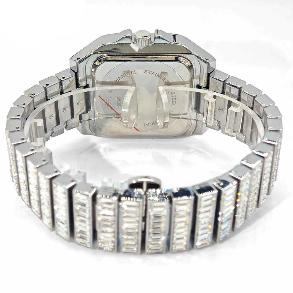 Luxury MC THE BLACK DIAMOND rose gold stainless steel men's watch with iced out diamonds, rectangular quartz design, fashionable wrist accessory.