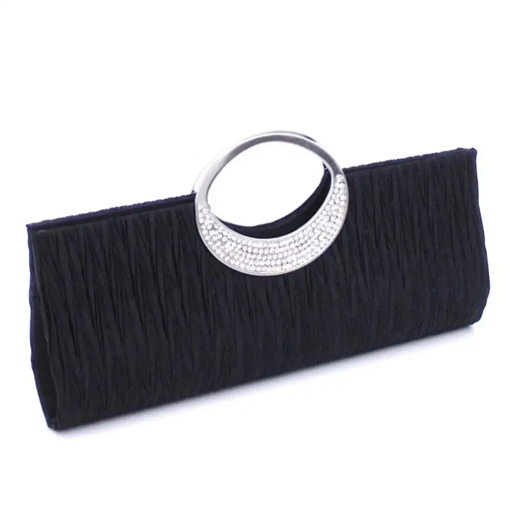 Luxury women's satin clutch bag with rhinestones, pleated design, evening bag with shoulder strap, from Mohammad Collection.