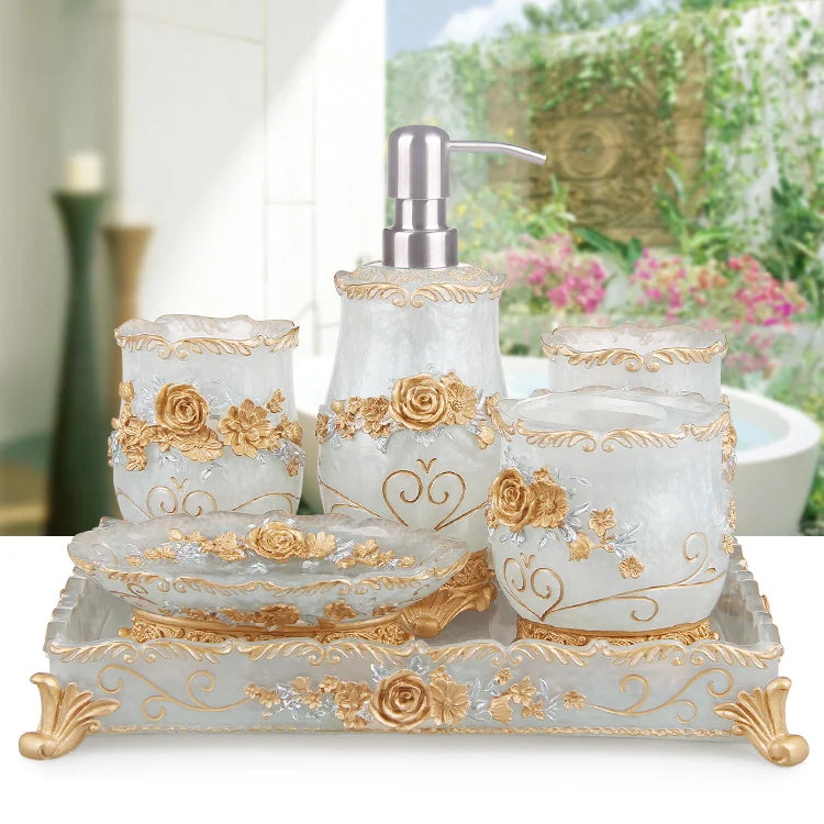 European resin bathroom set by MC THE BLACK DIAMOND including soap dispenser, toothbrush holder, soap dish, toilet brush, and wastebin