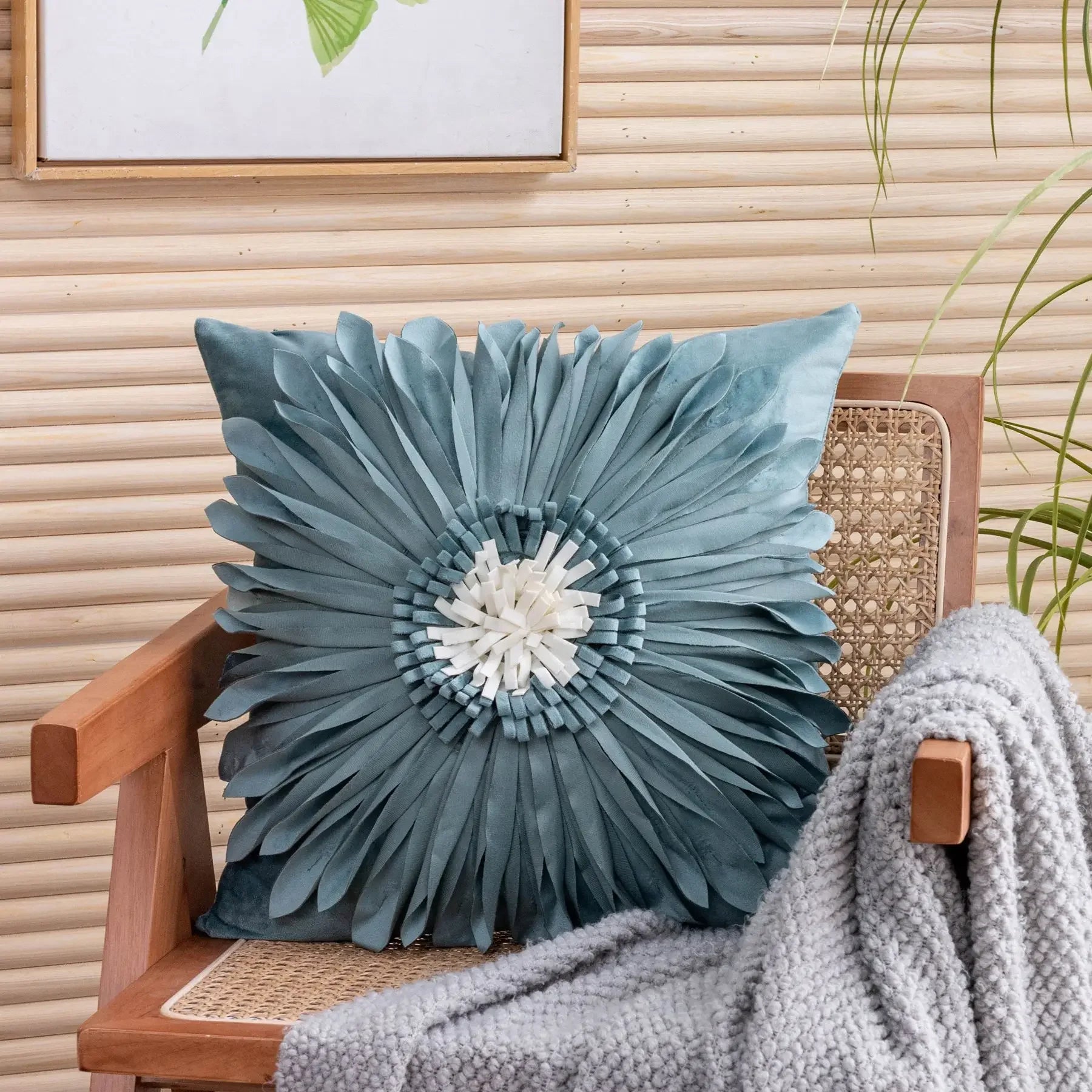 Pink and white velvet throw pillow with 3D chrysanthemum stitching, 45x45cm, blue cushion case, modern home decor by MC THE BLACK DIAMOND.