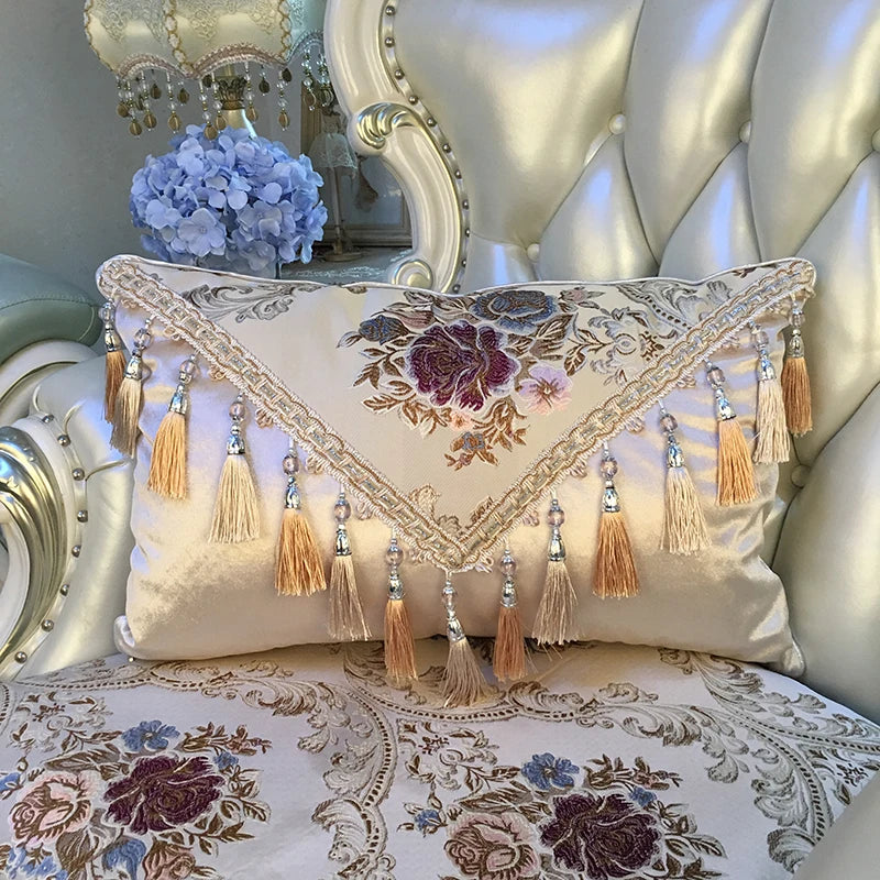 European luxury Jacquard tassel lace sofa pillow cushion cover, rectangular decorative case with large backrest cushion design.
