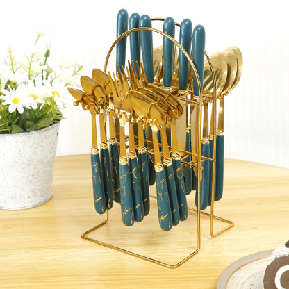 Stainless steel 24-piece tableware set with holder, including forks, knives, and spoons for six, mirror polished by MC The Black Diamonds.