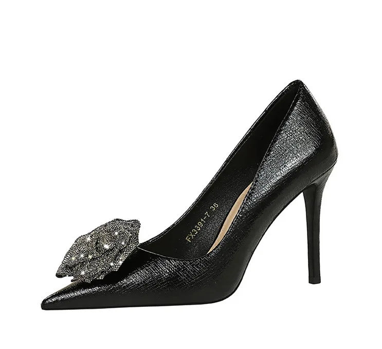 Elegant MC THE BLACK DIAMOND women's rhinestone flower pumps with high heels and stiletto design, perfect for weddings and prom.