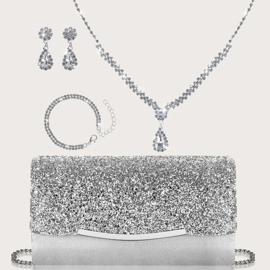 Sequin women's hand bag by MC THE BLACK DIAMOND with rhinestone jewelry set, including necklace, earrings, and bracelet, for elegant evening style.