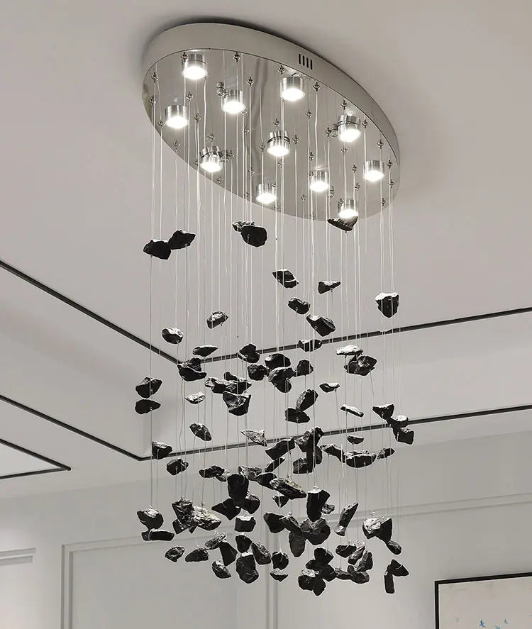 Black Art Luxury Stone Crystal Chandelier by MC THE BLACK DIAMOND, modern LED hanging light fixture for staircase or hallway decor