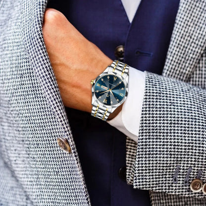 Men Watch Water Diamond Luxury Night Glow Double Calendar Quartz Movement 41mm Blue Gold Stainless Steel Fashion Business Watch - https://mohammadcollection.com