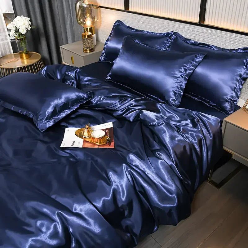 Nordic satin silk bedding set with duvet cover, bed sheet, and pillowcases in a luxury solid design by MC THE BLACK DIAMOND