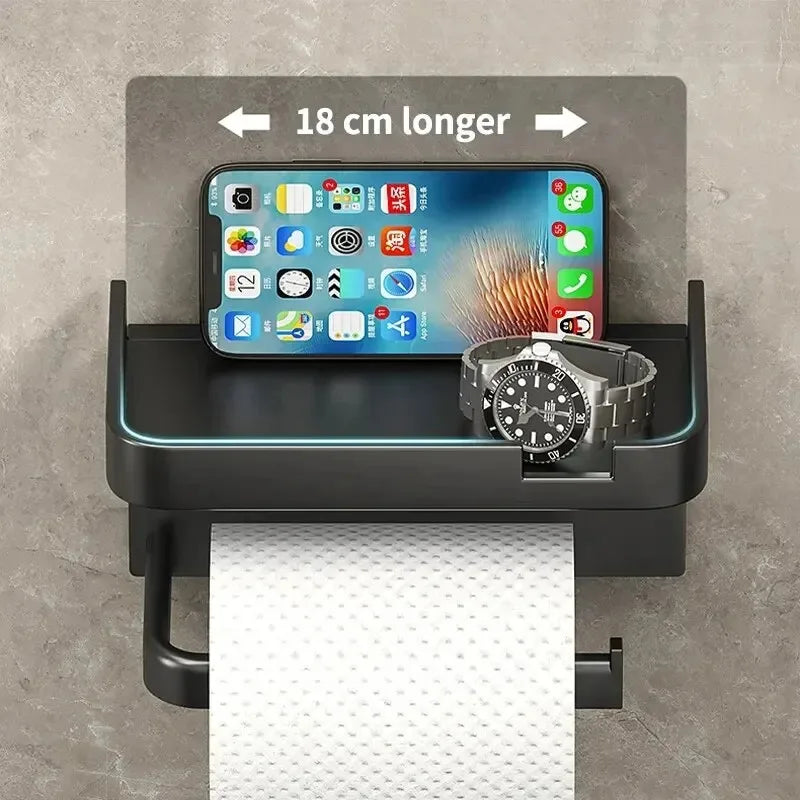 Plastic bathroom toilet paper holder and kitchen towel rack by MC THE BLACK DIAMOND, wall-mounted with space for seasoning bottles and phone.