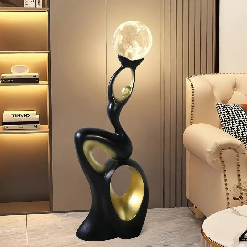 MC THE BLACK DIAMOND home decor sculpture featuring resin animal figurines with moon lantern and dancing life ornament in living room.