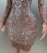 MC THE BLACK DIAMOND sheath mini dress with rhinestones and tassels, perfect for nightclub, party, or stage performance.