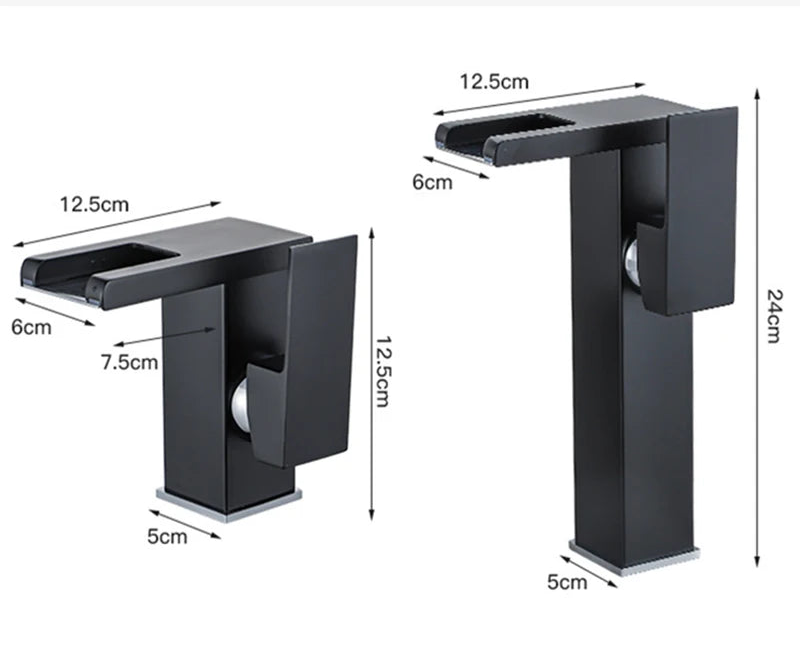 Luxury MC THE BLACK DIAMOND black LED basin faucet with single handle, tall and short options, for hot and cold water in bathroom.