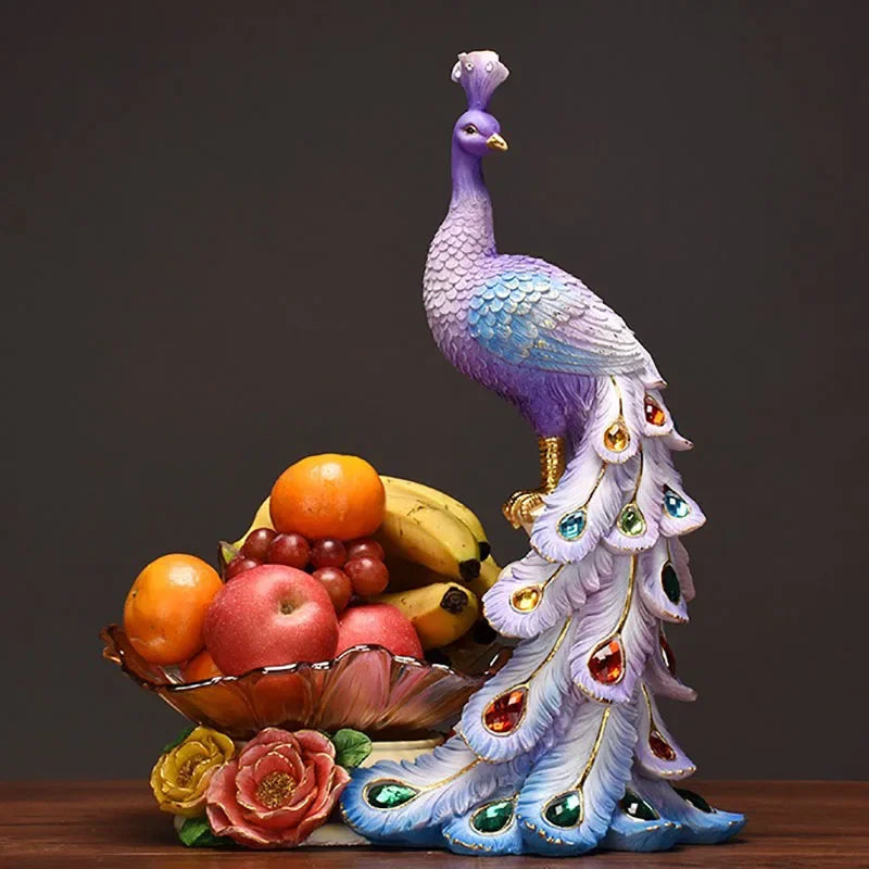 Decorative European-style peacock fruit candy plate by MC THE BLACK DIAMOND, showcasing a colorful dry fruit and snack tray design.