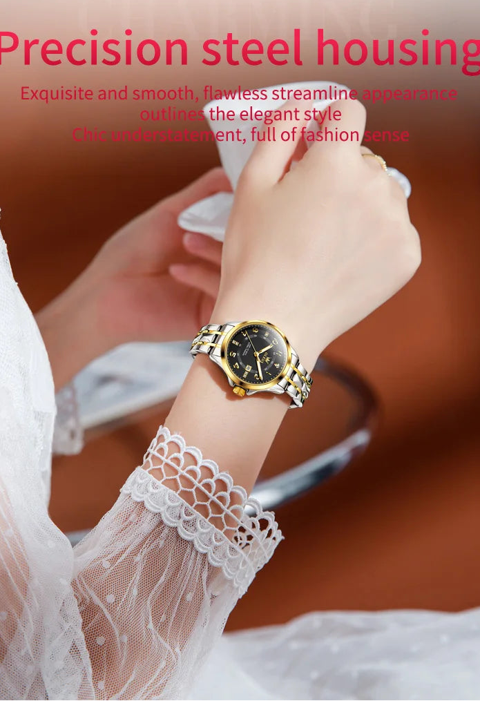 Elegant MC THE BLACK DIAMOND ladies' wristwatch with luminous dial, waterproof quartz movement, and date display for women.