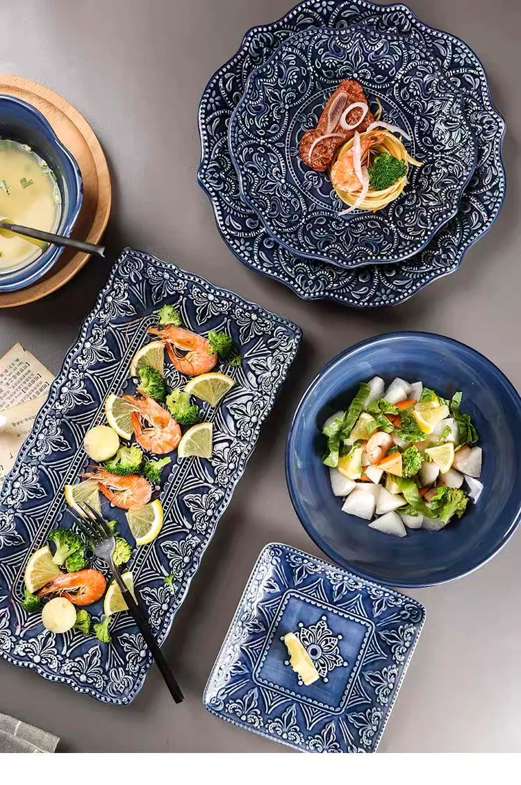 Blue retro relief ceramic tableware dishes set by 𝕄𝕮 𝕋𝕙𝕖 𝔹𝕝𝕒𝕔𝕜 𝔻𝕚𝕒𝕞𝕠�