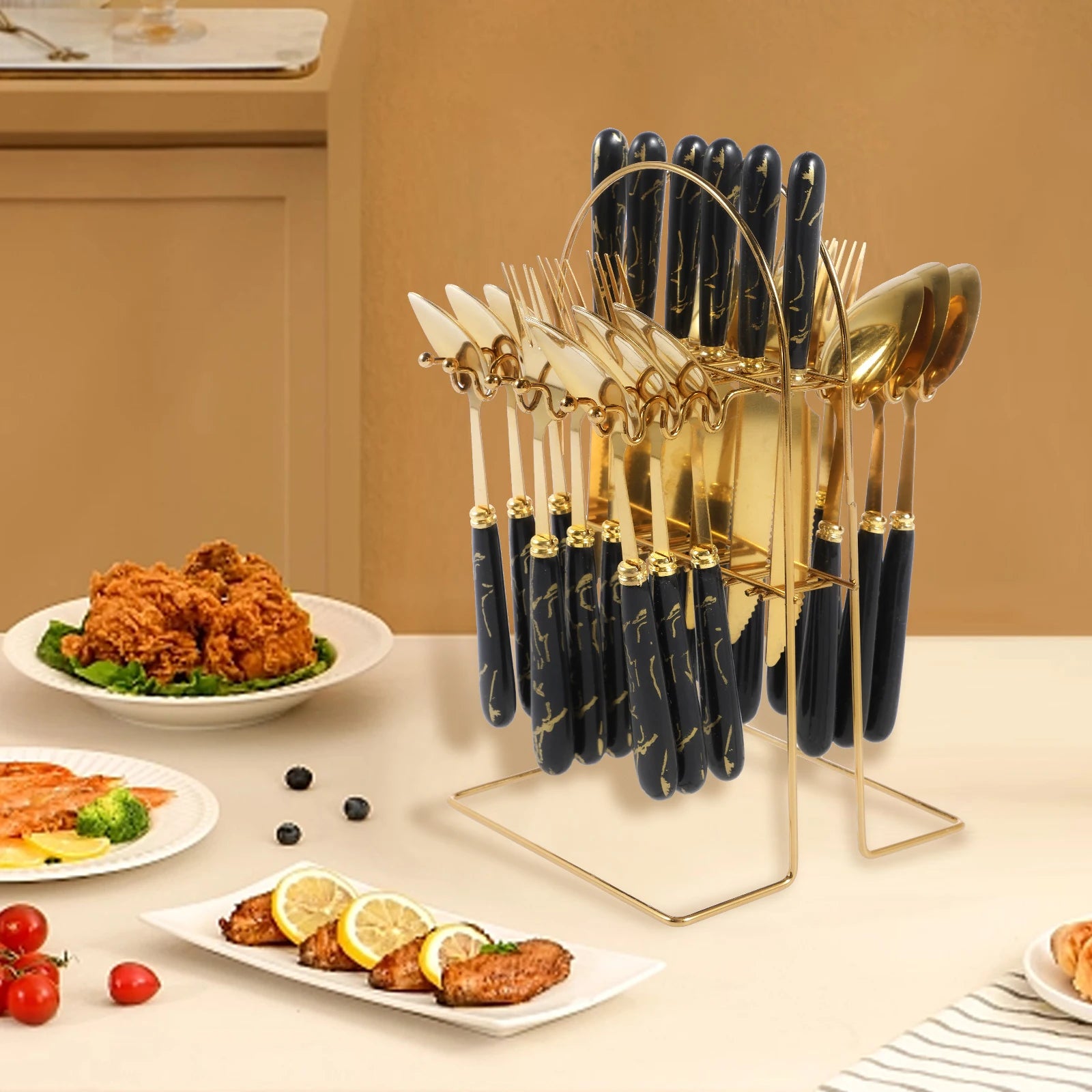 Stainless steel 24-piece tableware set with holder, including forks, knives, and spoons, mirror polished for service for six.