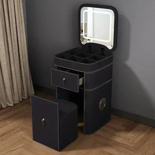 Modern MC THE BLACK DIAMOND makeup vanity with mirror, storage drawers, and stool, in a sleek Nordic design for hotel or home use.