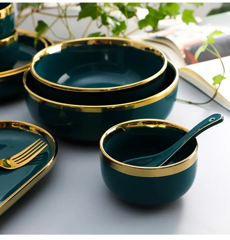 Green ceramic plate from Mc The Black Diamonds, kitchen steak food plate with a smooth, glossy finish and classic round shape.