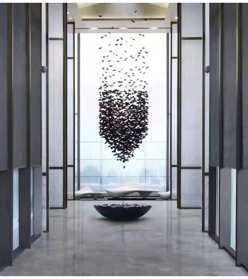 Black Art Luxury Stone Crystal Chandelier by MC THE BLACK DIAMOND with LED crystals, modern hanging light for staircase and hallway.