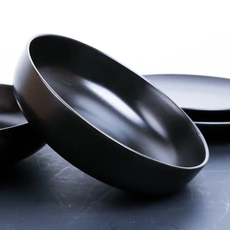 Solid black ceramic breakfast milk cup and deep soup plate set from 𝕄𝕔 𝕋𝕙𝕖 𝔹𝕝𝕒𝕔𝕜 𝔻𝕚𝕒𝕞�