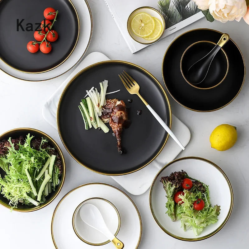 Black and white matte porcelain dinner plate from MC THE BLACK DIAMOND, suitable for modern kitchen table settings.