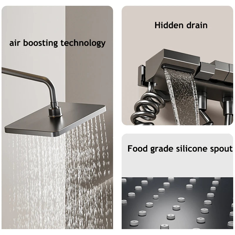 Grey MC THE BLACK DIAMOND piano button ambient shower system with digital display, rain faucet, and shower head in a bathroom setup.