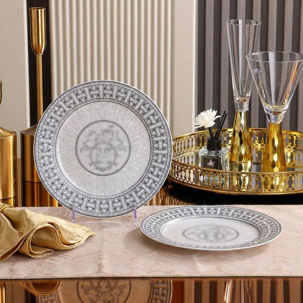 Luxury 10-piece European-style gray H horse-drawn cart tableware set with bone china bowls, plates, spoons in a circular gift box.