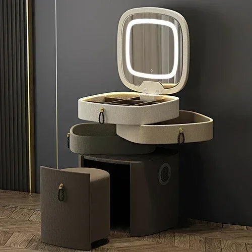 Modern MC THE BLACK DIAMOND makeup vanity with mirror, storage drawers, and cushioned stool, stylish Nordic hotel furniture.