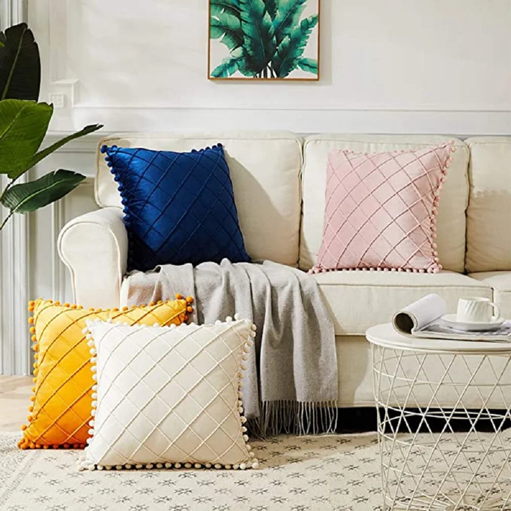 Yellow orange velvet lumbar pillow cover with diamond stripes, pompom tassels, for 30x50cm or 45x45cm home decor.